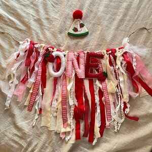 Strawberry theme party decor. Berry First Birthday. Birthday high chair banner.